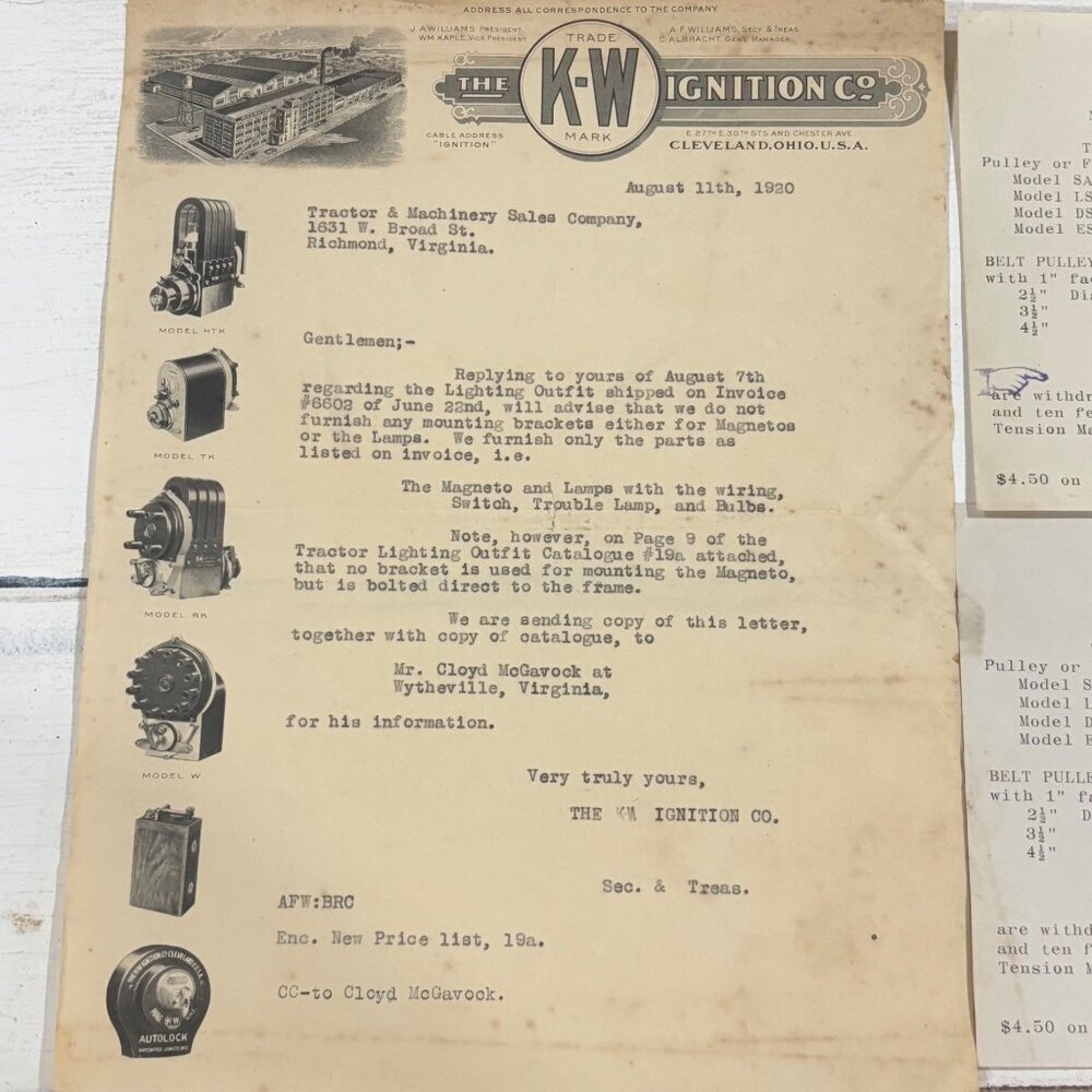 Antique K W Ignition Co Letterhead Pricing Auto Tractor Model Photos Graphic - Picture 2 of 11